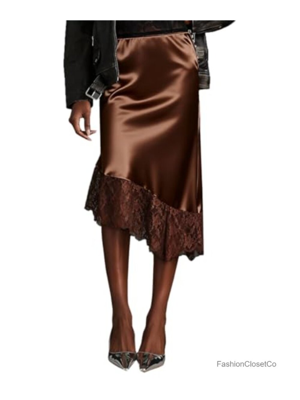 Satin Asymmetrical Midi Skirt Lace Trim Elastic High Waist Slip Skirt
